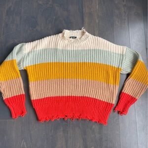 Colorful Striped Women's Distressed Sweater Size Large